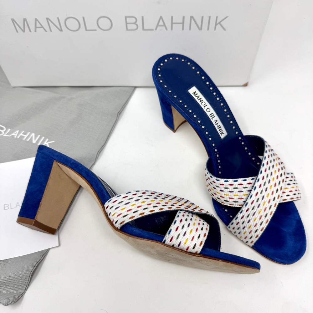 Manolo Blahnik Peopia Blue Multicolor Crisscross Silde Sandal Heels